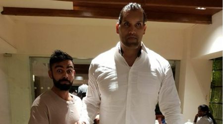 Virat Kohli, Shikhar Dhawan meet the Great Khali after winning second Test against Sri Lanka