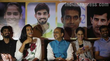 Sports Minister Vijay Goel felicitates PV Sindhu, Saina Nehwal on return from World Badminton Championships