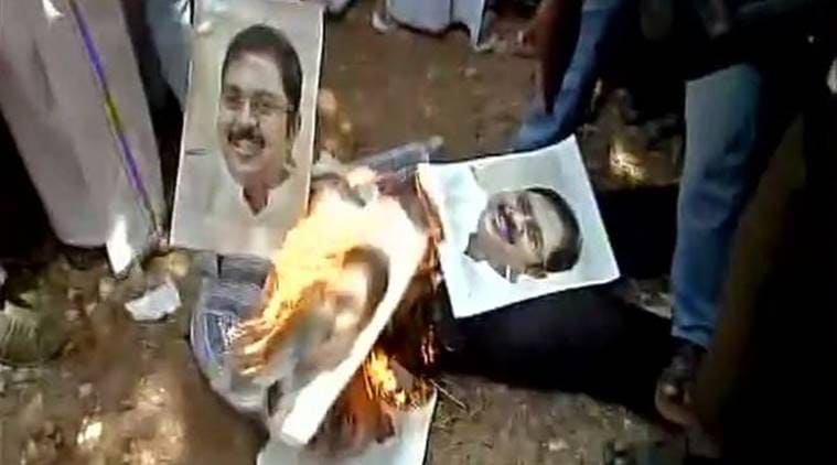 AIADMK workers, AIADMK wokrers burn effigy of dhinakaran, AIADMK workers burn effigy, indian express news