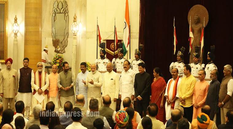 President Ram Nath Kovind, Vice President M Venkaiah Naidu, Prime Minister Narendra Modi poses with new members of cabinet after the reshuffle at Rashtrapati Bhavan in New Delhi on Sunday. (Express Photo by Neeraj Priyadarshi)