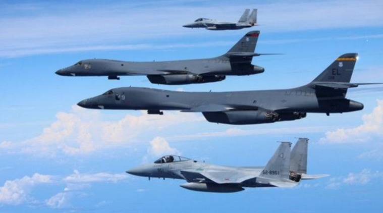 F-15 fighter jets, F-15 fighter jets japan, F-15 fighter jets flying exercise, F-15 fighter jets b1-b bombers, b1-b bombers, japan US air exercise, world news, indian express news