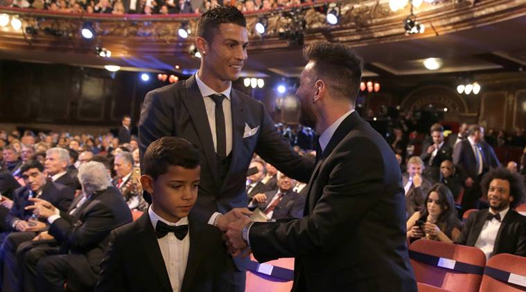 Cristiano Ronaldo and Lionel Messi play for rival clubs, Real Madrid and Barcelona, respectively. 