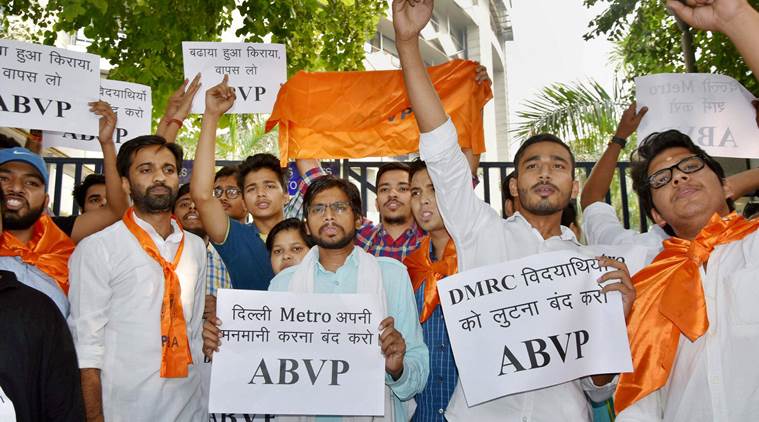 ABVP, Delhi metro fare hike, delhi metro, ABVP protest, Delhi metro fare rise, delhi metro fare protests, Delhi news, indian express news