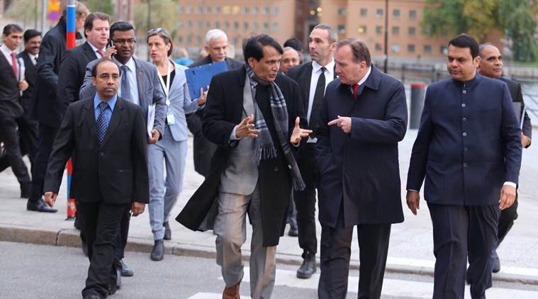 Devedra Fadnavis, Fadnavis in Sweden, Swedish PM, Fadnavis Stefan Lofven, Suresh Prabhu, India news, Indian Express