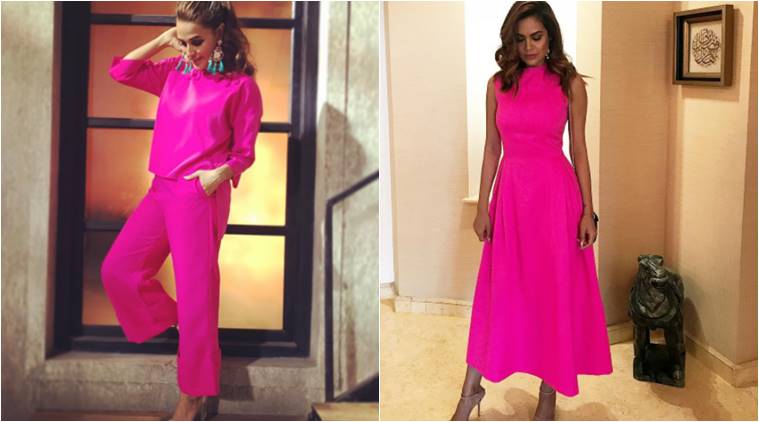 Neha Dhupia, Neha Dhupia latest photos, Esha Gupta, Esha Gupta latest photos, celebrity fashion, hot pink outfit Bollywood, Neha Dhupia in hot pink, Esha Gupta in hot pink, indian express, indian express news