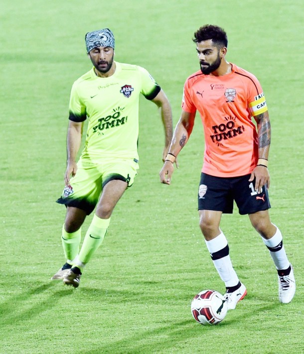 celebrity clasico, virat kohli, ms dhoni, ranbir kapoor, abhishek bacchan, sunil chhetri, sports, indian express