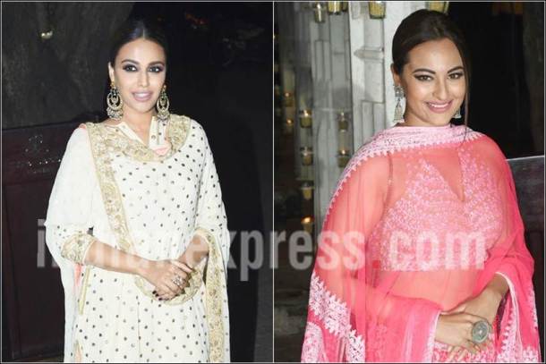 swara bhaskar, sonakshi sinha, swara bhaskar images, sonakshi sinha diwali images, aamir khan diwali party photos