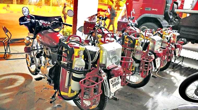 firefighters, chandigarh, bullet bike, chandigarh fire dept, tricity, firemen bullet bike chandigarh, red bullet, traffic dept, fire helpline chandigarh, chandigarh news, indian express