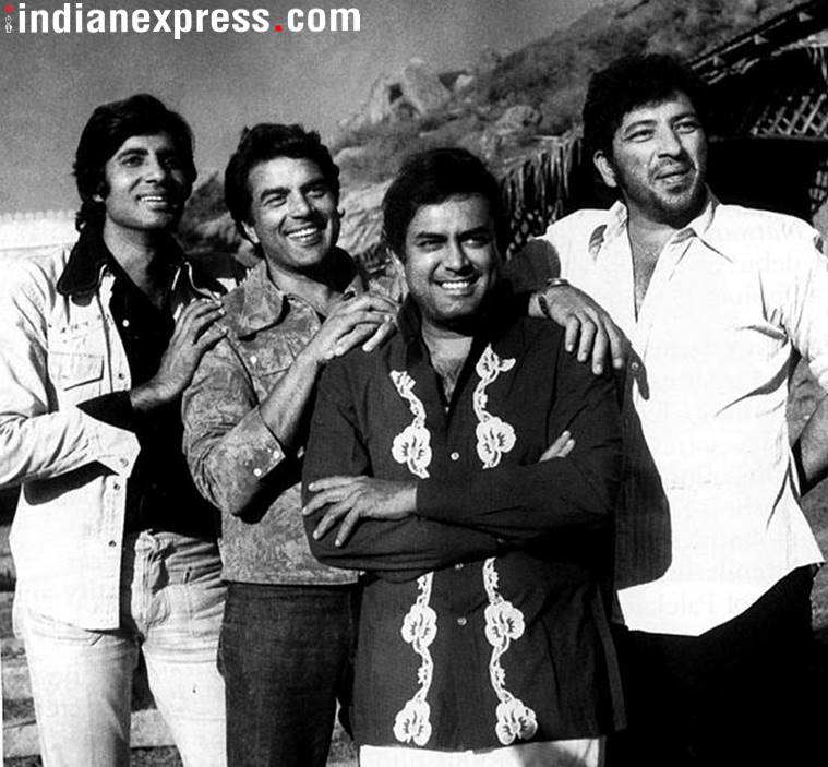 Amitabh Bachchan, Dharmendra, Sanjeev Kumar and Amjad Khan on the sets of Sholay.