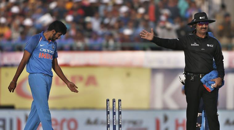 Jasprit Bumrah looks on as umpire Anil Chaudhary gestures for a no ball during first India-Sri Lanka ODI in Dharamsala