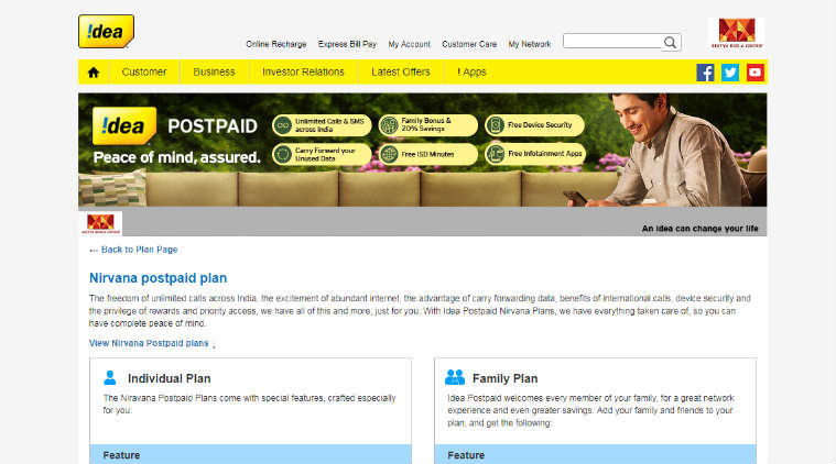 Idea Nirvana Postpaid Plans recharge offer unlimited calling
