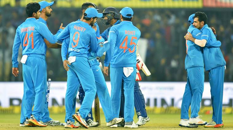 Indian players congratulate each other after winning the second T20 against Sri Lanka in Indore