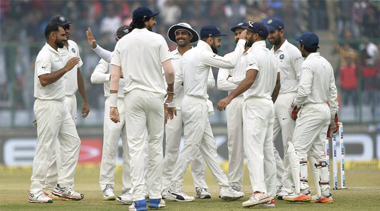 Indian team celebrate wicket of Dimuth Karunaratne on Day 2. 