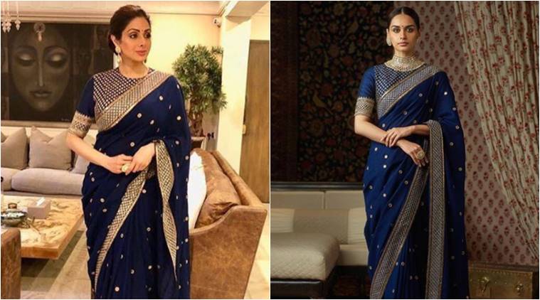 Sridevi wears a royal blue Sabyasachi sari modeled by Manushi Chhillar.