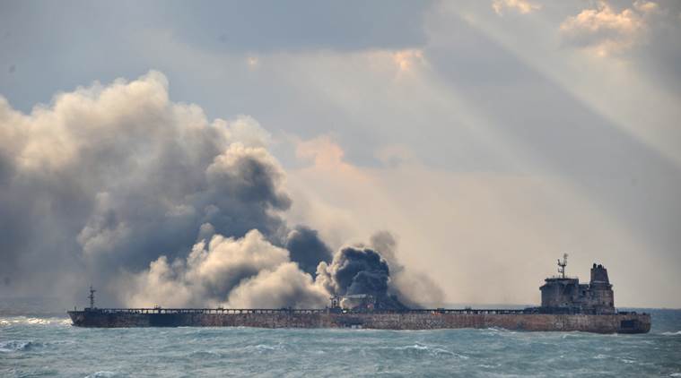 iran oil tanker, east china sea, sanchi oil tanker, oil tank explosion in sea, oil tanker collision, world news, oil ship fire ocean, indian express