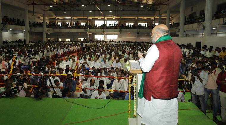 Amit Shah, Amit Shah in Karnataka, Karnataka elections, Yedurappa, Rahul Gandhi, Karnataka Rally, BJP chief Amit Shah Karnataka Rally, Rahul Gandhi, Modi govt, Modi govt industries' loans, India News, Indian Express