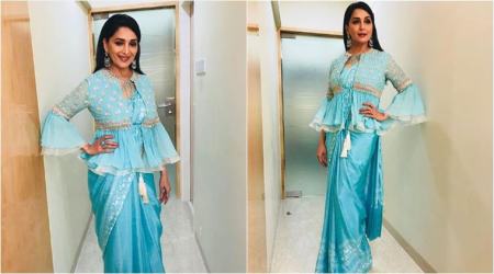 Madhuri Dixit’s latest sari look with a short jacket is giving a Navratri vibe in spring