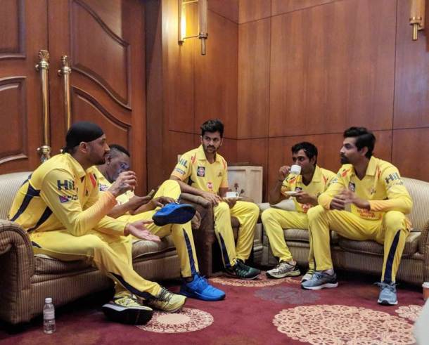 Chennai Super Kings younglings getting lessons from Harbhajan Singh.
