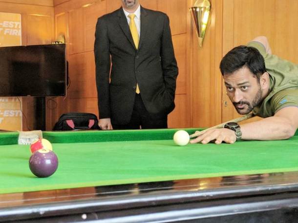 MS Dhoni playing a game of pool at CSK camp.