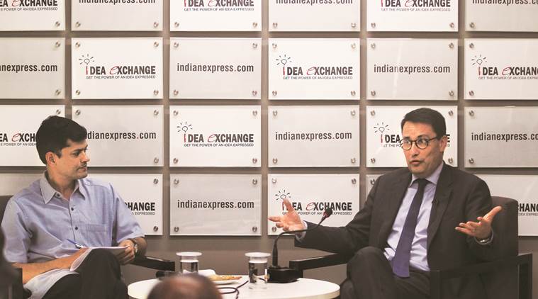 French Ambassador to India Alexandre Ziegler with Senior Editor Shubhajit Roy in The Indian Express newsroom. (Abhinav Saha)