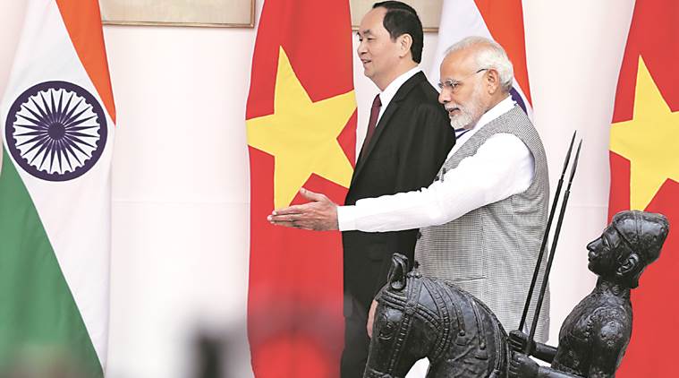 Prime Minister Narendra Modi with Vietnam President Tran Dai Quang at Hyderabad House in New Delhi. Image: Amit Mehra/The Indian Express