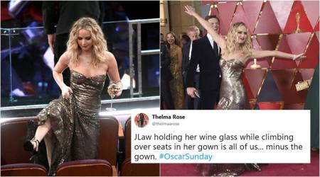 Being Jennifer Lawrence! The star’s chair climbing and poking antics stole the show at Oscars 2018