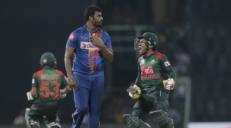 Mushfiqur Rahim celebrates after scoring the winning runs against Sri Lanka in Colombo