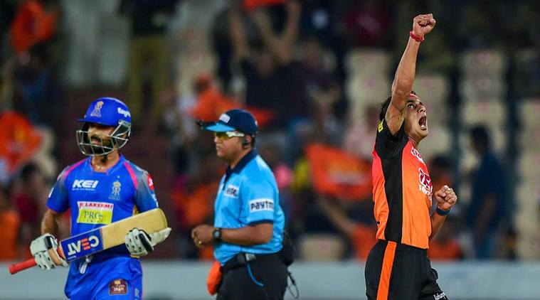 Ajinkya Rahane after being dismissed against SRH in IPL 2018