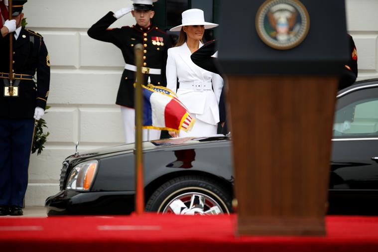melania trump, france president us visit, donald trump, emmanuel macron, melania trump white hat, melania trump photos, us first lady, indian express