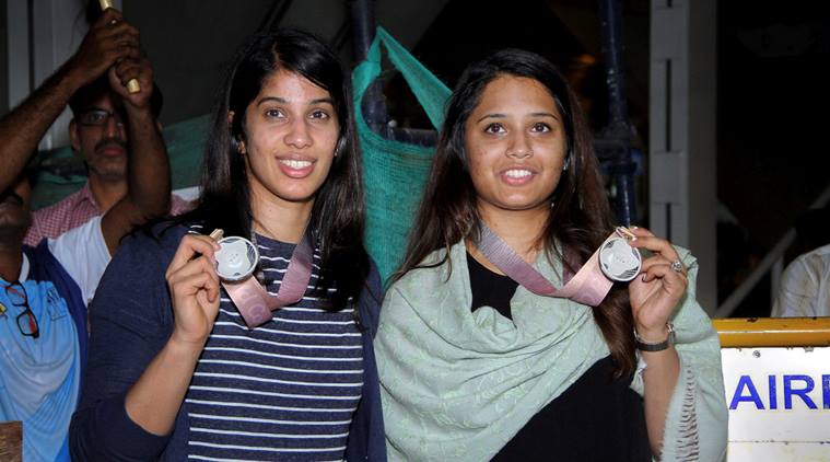 Joshna Chinappa and Dipika Pallikal at the Chennai Airport on arrival from Gold Coast