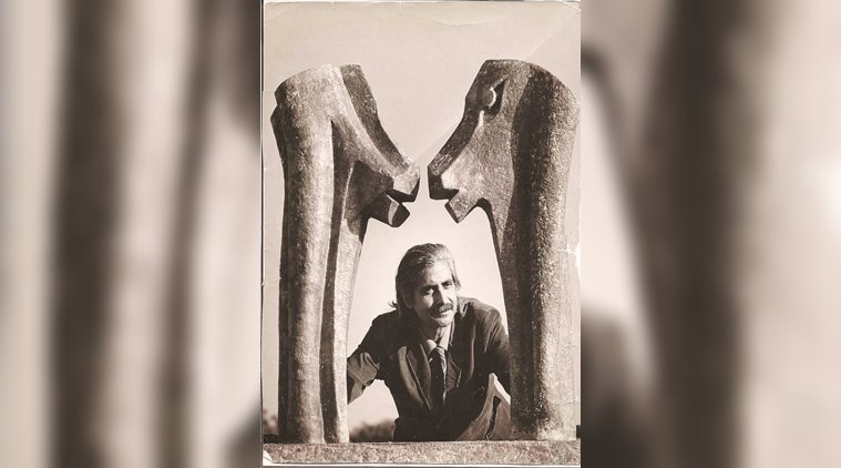 A portrait of Amarnath Sehgal with his work Friends 2.