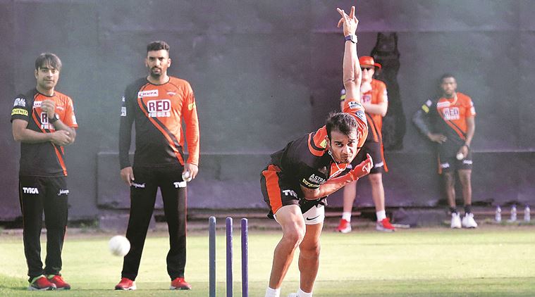 Sunrisers Hyderabad pacer Siddharth Kaul bowls during a practice session