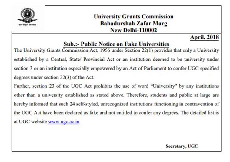 FAKE university india, fake universities list, ugc.ac.in, ugc fake university list