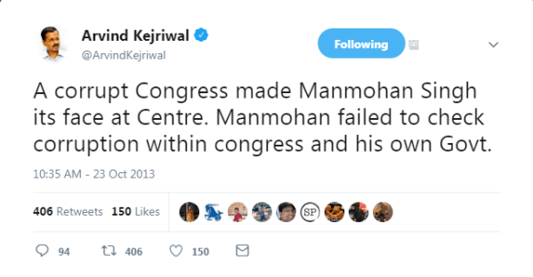 Arvind Kejriwal tweet on Manmohan Singh