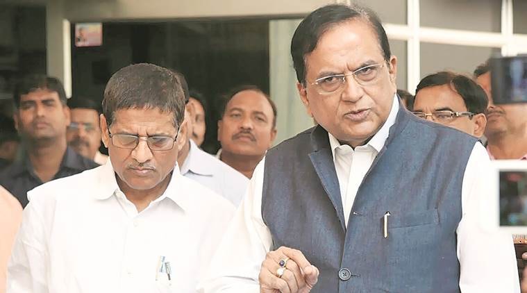 BSP’s Sathish Chandra Mishra and Lalji Verma after meeting the chief minister, in Lucknow on Friday. (Vishal Srivastav)