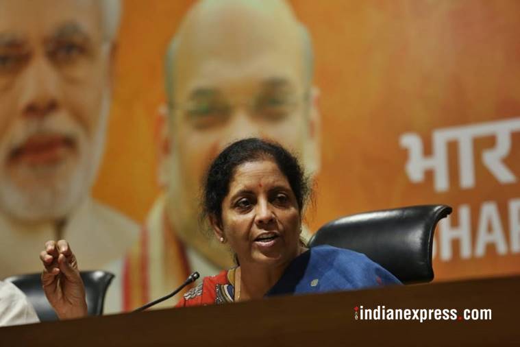 Union Minister Nirmala Sitharaman at the BJP head office in New Delhi on Sunday