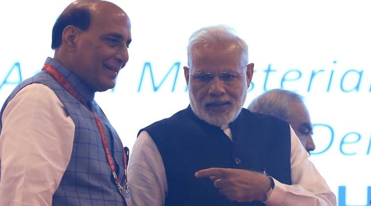 Union Home Minister Rajnath Singh with Prime Minister Narendra Modi. (Express file photo/Renuka Puri)