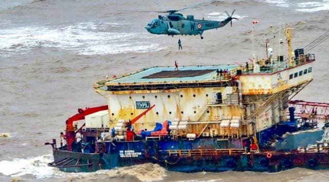 Navy rescues crew aboard barge GAL Constructor, which ran aground off Mumbai. All 137 were rescued. (Source: Indian Navy/Twitter)