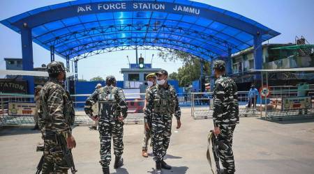 Security personnel stand guard outside Jammu airport. (File)
