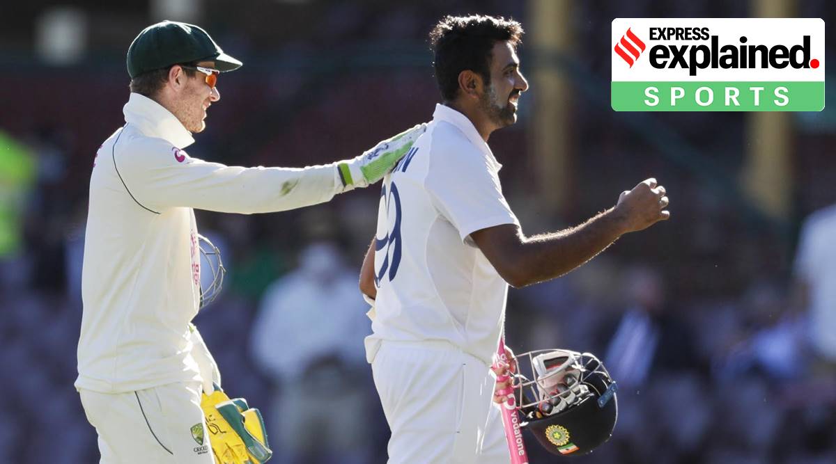 Australian captain Tim Paine, left, congratulates not out batsman Ravichandran Ashwin following play on the final day of the third cricket test between India and Australia at the Sydney Cricket Ground (AP)
