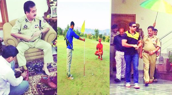 Instagram photographs posted by DIG Shakeel Beig’s son. From left: A man helps the DIG put on his shoes; a securityman doubles up as a caddie for DIG’s son; a man holds an umbrella for Beig.