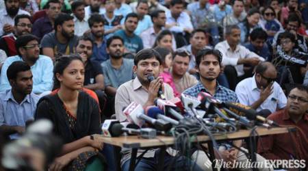 JNUSU President Kanhaiya addressing the press conference on Friday. Express photo by Oinam Anand. 04 March 2016 *** Local Caption *** JNUSU President Kanhaiya addressing the press conference on Friday. Express photo by Oinam Anand. 04 March 2016