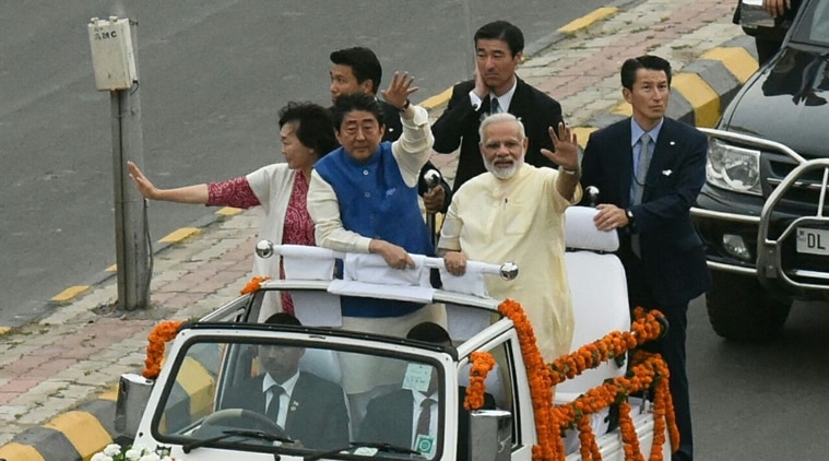 shinzo abe, shinzo abe gujarat, shinzo abe in india, shinzo abe india visit, bullet train, narendra modi, modi in gujarat, China, India News, Indian Express, Indian Express News