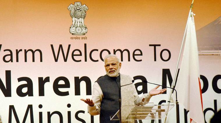 Kobe: Prime Minister Narendra Modi addressing members of Indian community at Kobe Museum in Kobe on Saturday. PTI Photo by Shirish Shete(PTI11_12_2016_000063B)