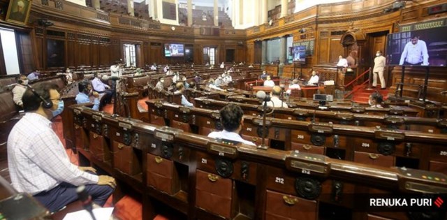 Face masks have been made compulsory for all the members during this session. (Express Photo by Renuka Puri)