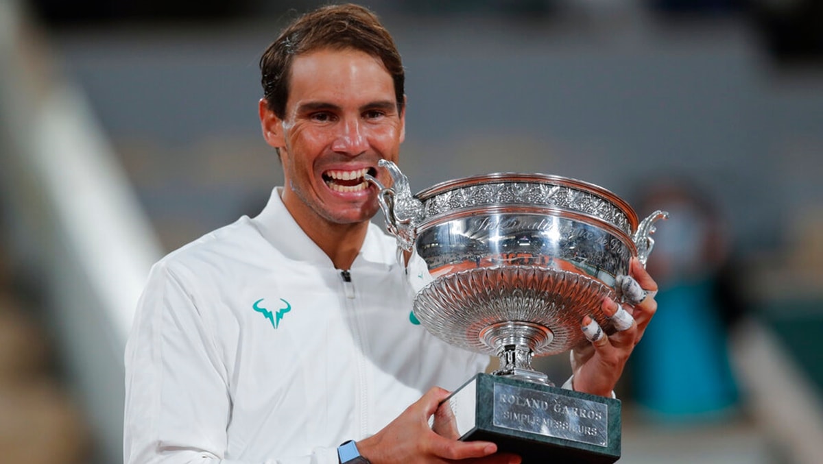 Rafael Nadal's playing on clay court.