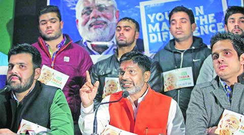 Young BJP leaders during a press conference in Sector 27 on Friday. Kamleshwar Singh