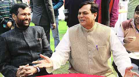 Ram Vilas Paswan and Ali Anwar in New Delhi on Tuesday. IE