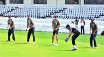 The Karnataka team at a practice session ahead of the Ranji Trophy final in Hyderabad on Tuesday.	 Express