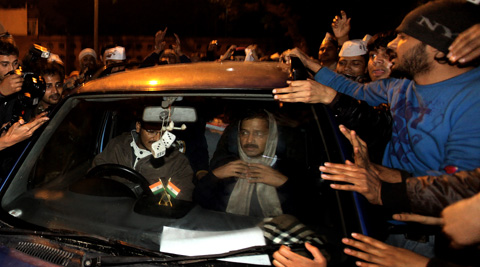 Chief Minister Arvind Kejriwal leaves after calling off his agitation against the Delhi Police on Tuesday evening. (IE Photo: Ravi Kanojia)
